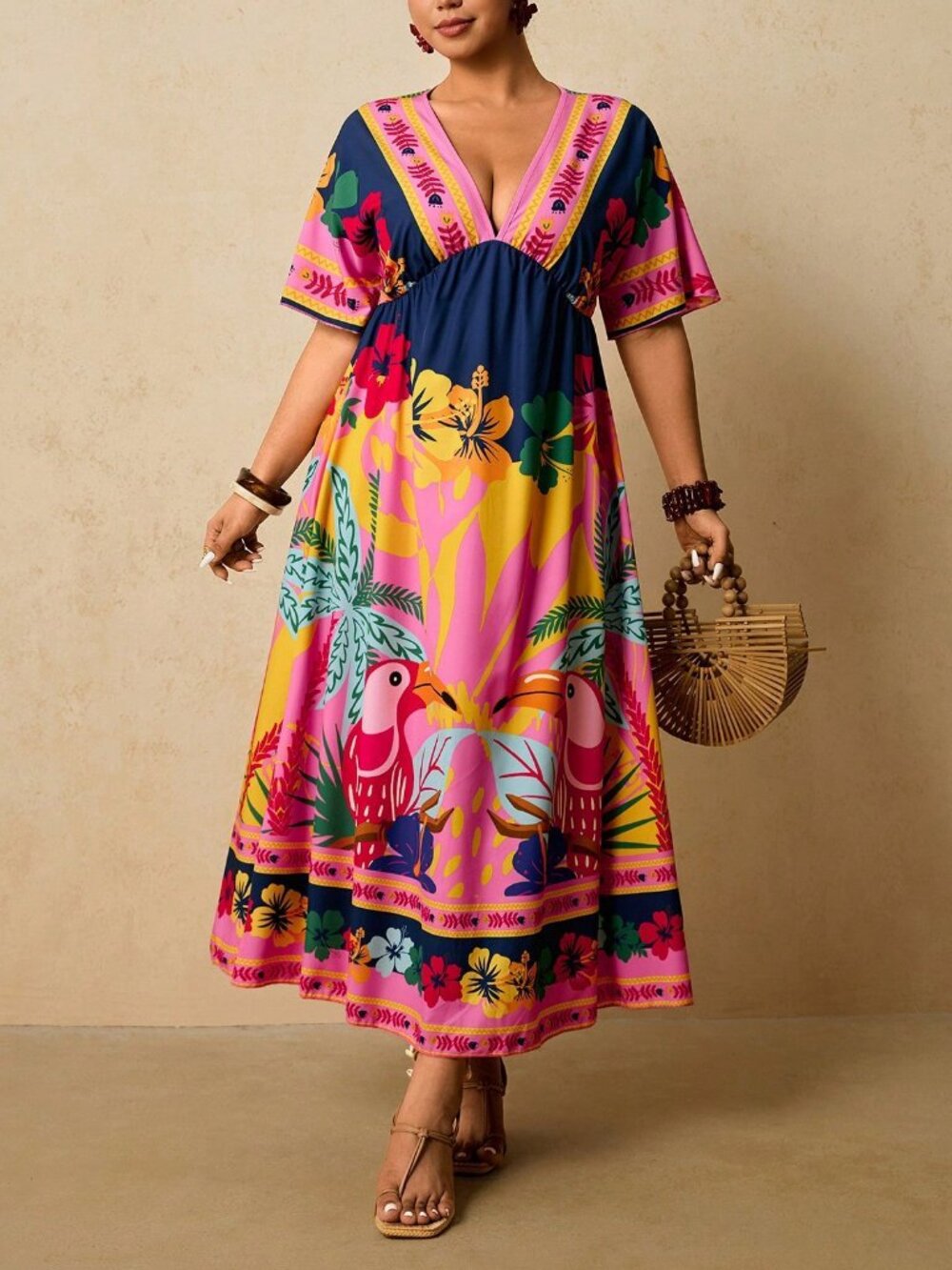 Multicolor Boho Women's Plus Size Tropical Print V-Neck Short Sleeve maxi Dress - Picture 5 of 7
